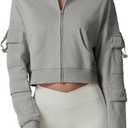 QINSEN Hoodies for Women Full Zip Up Cropped Jacket Long Sleeves with Cargo Pockets Sweatshirts Tops (Small, Grey)