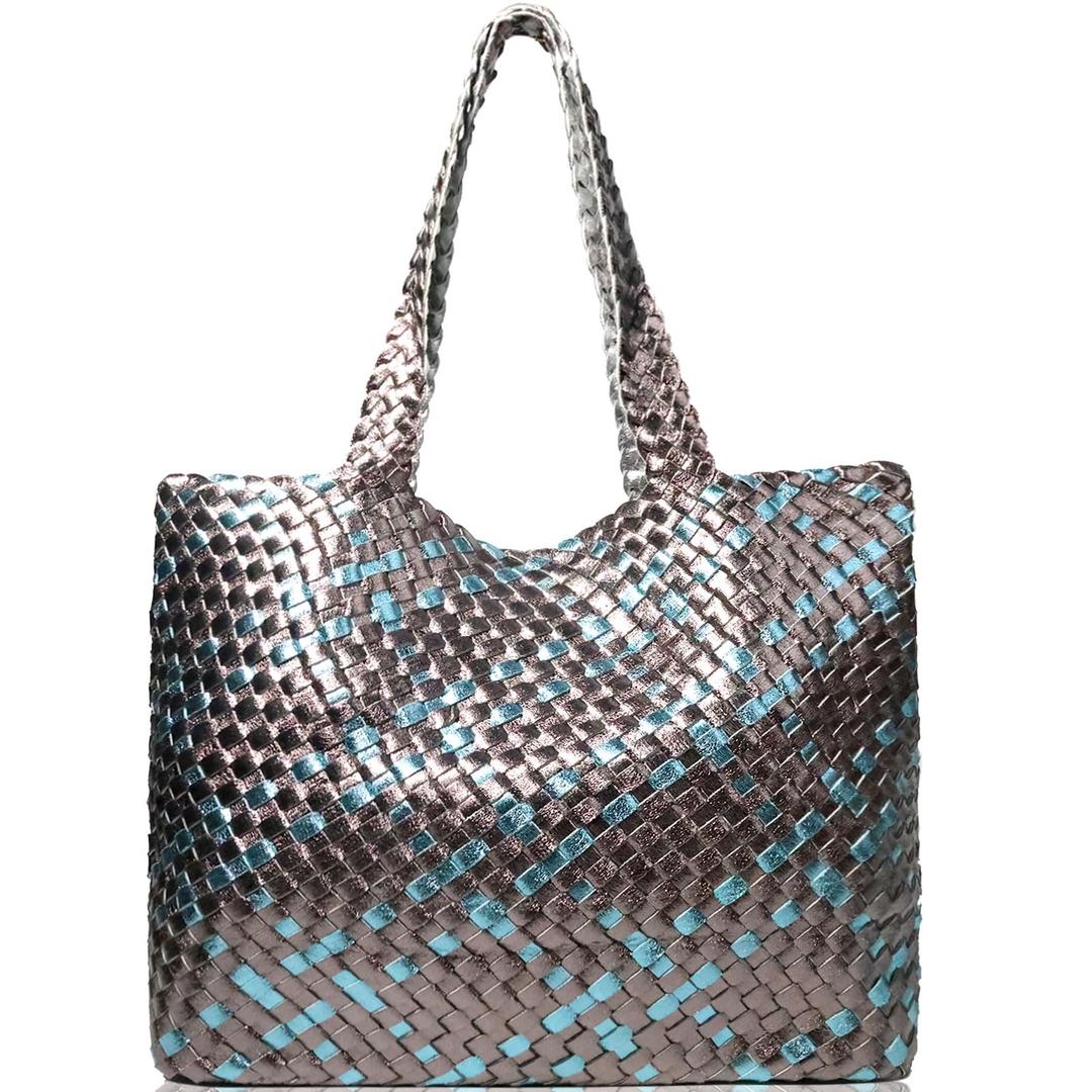 JINMANXUE Woven Tote Bag for Women, Large Summer Beach Travel Handbag and Purse Retro Handmade Shoulder Bags (Gun Multicolor)