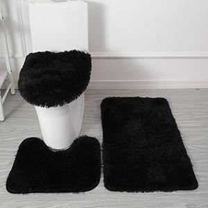 Microfiber Bathroom Rug Sets 3 Piece, Non Slip Contour Mat Toilet Lid Cover and Bath Rug Mats Shower Mats for Bathroom Tub Toilet (Black)