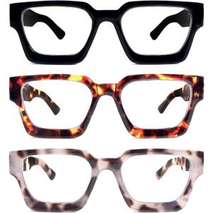 REAVEE 3 Pack Thick Frame Reading Glasses for Women Men, Oversized Fashion Blue Light Blocking Readers Spring Hinge