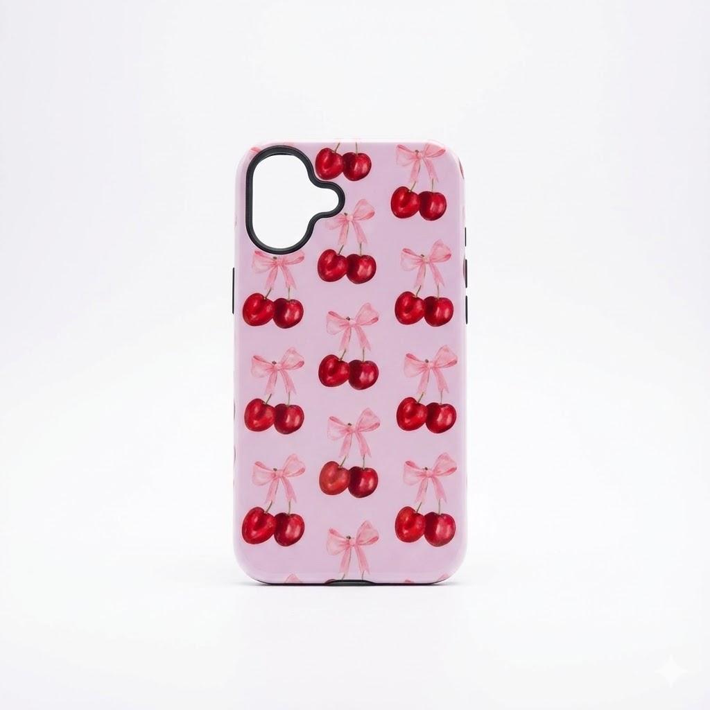 Case for iPhone 16, Cute Pink Bow Cherry Print Aesthetic Trendy Pattern for Women Girls Slim Durable Bumper Shockproof for iPhone 16 Case, Pink Ribbon/Glossy