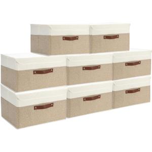 8 Pack Decorative Storage Bins Containers Fabric Bins with Lids Storage Baskets Bulk for Shelves Drawers, Desktop, Closet, Playroom, Classroom, Office, Bedroom, (15INx10INx10IN, Beige/White)