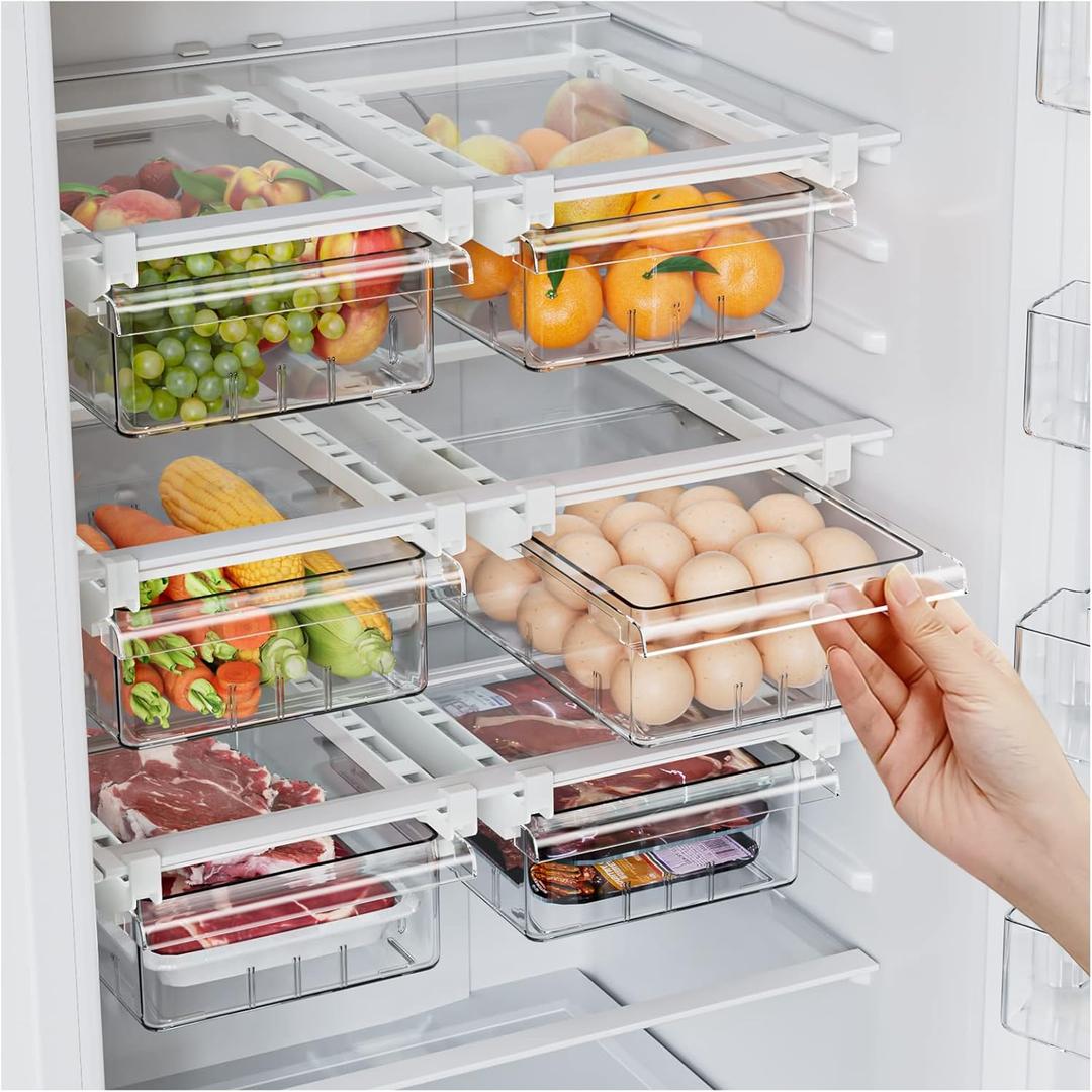 SNSLXH 2 Pack Refrigerator Drawer Organizer, Pull Out Shelf Storage Transparent Organizer for Egg, Fruit, Vegetable, Seafood, Meat, Fit All Fridge Shelves Under 0.6''