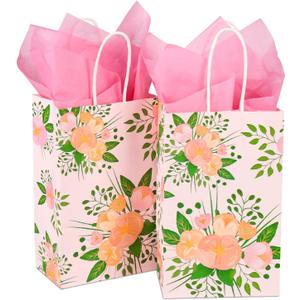 DjinnGlory 25 Pack Small Spring Floral Party Favor Bags with Handles and 25 Tissue Paper for Birthday Wedding Decorations, Pink Paper Gift Bags for Bridal Baby Shower New Moms (9x5.5x3.15 Inch)