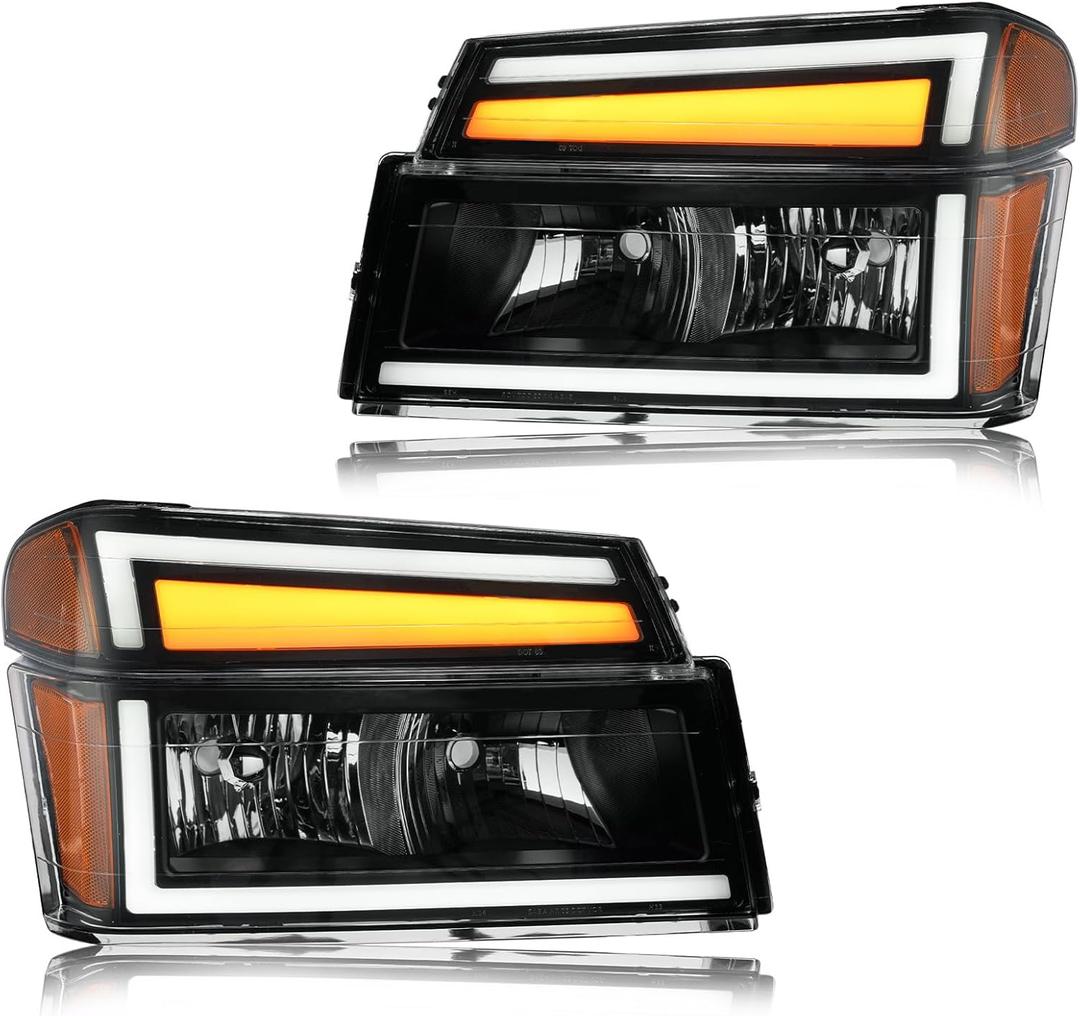 LED DRL Headlight, Headlights Assembly Kit Compatible with 2004-2012 Chevy Colorado/2004-2012 GMC Canyon Replacement Headlamp Black Housing Amber Reflector