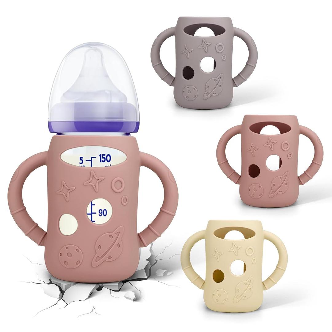BUSOHA 3 Pack Silicone Sleeves for Lansinoh Glass Baby Bottles - Wide Neck Baby Bottles Sleeves for Lansinoh Bottles Baby Anti-Colic Bottles Holder with Handle Silicone Protector,5 oz