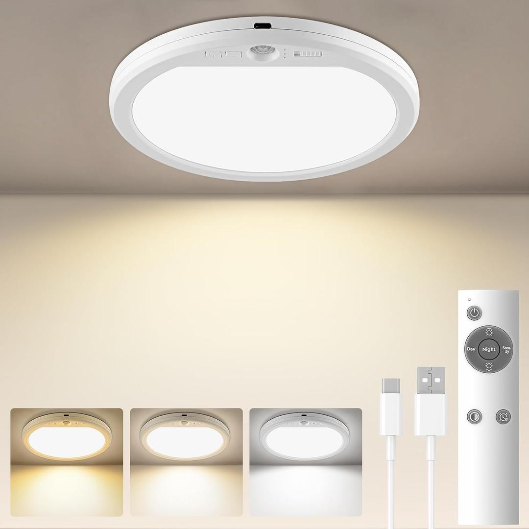 Meliya Rechargeable Motion Sensor Ceiling Light with Remote, 3000K 4000K 6500K Magnetic No Wiring LED Ceiling Light Battery Powered for Shower Stairs Hallway Porch Pantry Garage Patio Shed