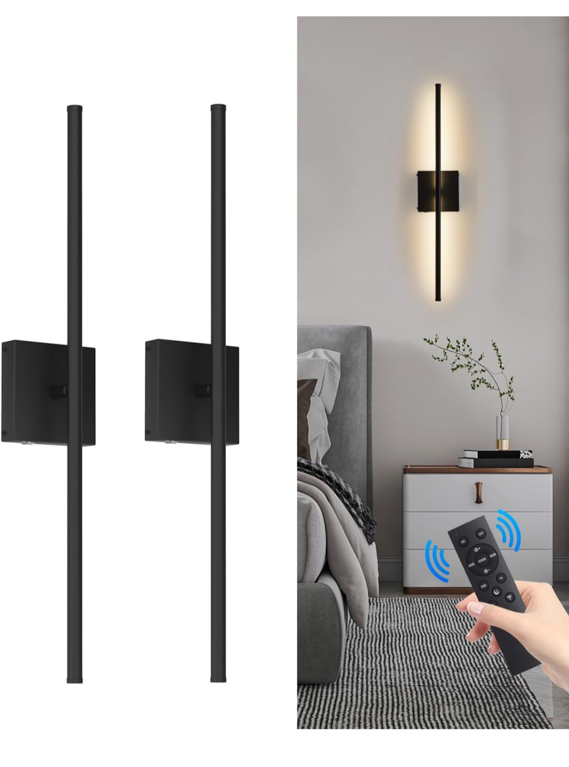 Battery Operated Wall Sconces Set of 2, Dimmable Battery Wall Sconce with Remote Control,3000K-6500K LED Wireless Wall Light for Bedroom,Living Room, 26.6 Inch, Black(2 Pack)