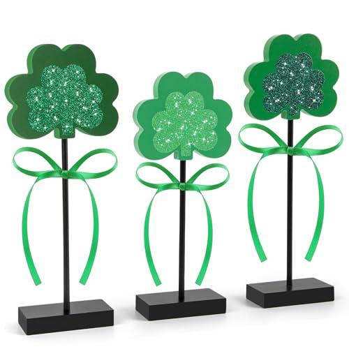 Hedeey St. Patrick's Day Tiered Tray Decor, 3 Pieces Wooden Shamrock Set, Dark Green (3.1*1.7 inches Base, 0.5 inches Thick), for Home Decor