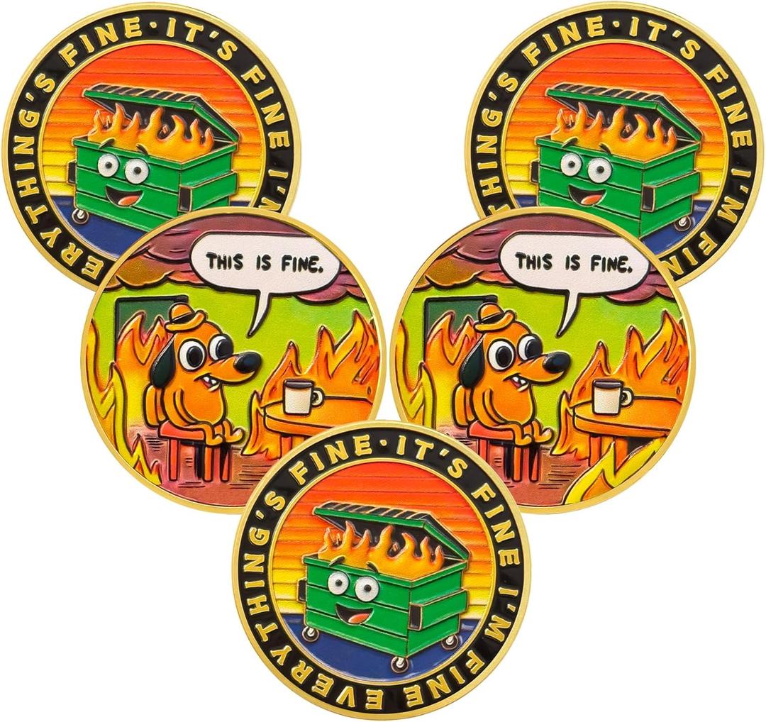 5pcs Colorful Dumpster Fire Challenge Coin - This is Fine Mini Dumpster Fire Coin - Hilarious Funny Desk Accessories for Work - Gold Coworker Go Away Token - Inspirational Gifts for Men Women Teacher