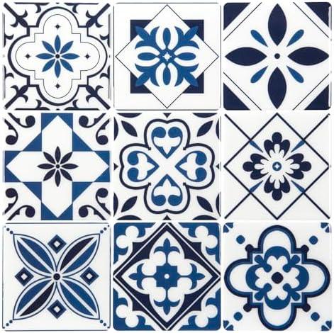 LONGKING Peel and Stick Backsplash Tile Stickers, Admiral Blue Geometric-Shaped Pattern Tile for Kitchen, Stick on Wall Tiles (10 Sheets)