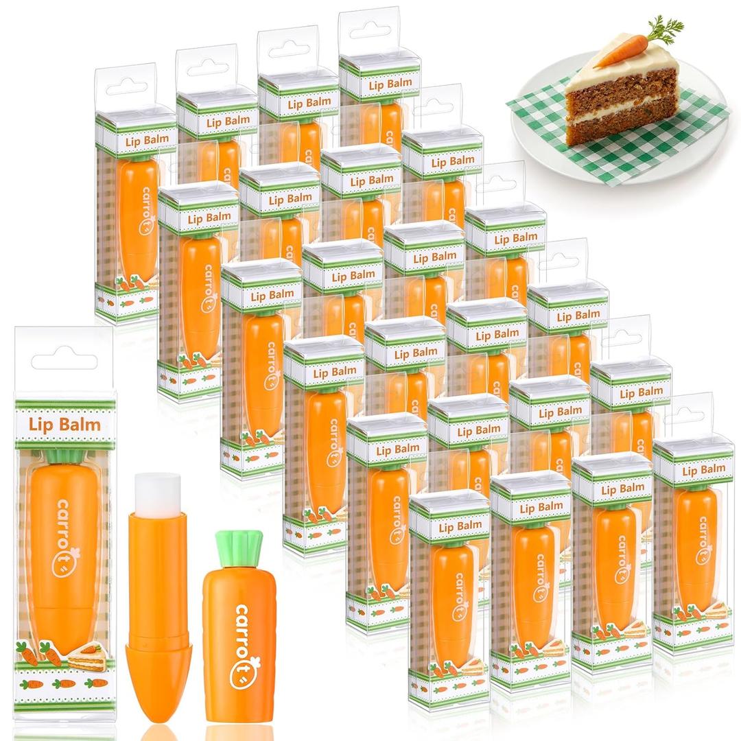 24 Pcs Easter Beauty Gifts Bulk Carrot Lip Balm Bulk Moisturizing Nourishing Lip Care Easter Basket Stuffers Goodie Bag Fillers Spring Gift Ideas for Women Adults (Red Velvet Carrot Cake)
