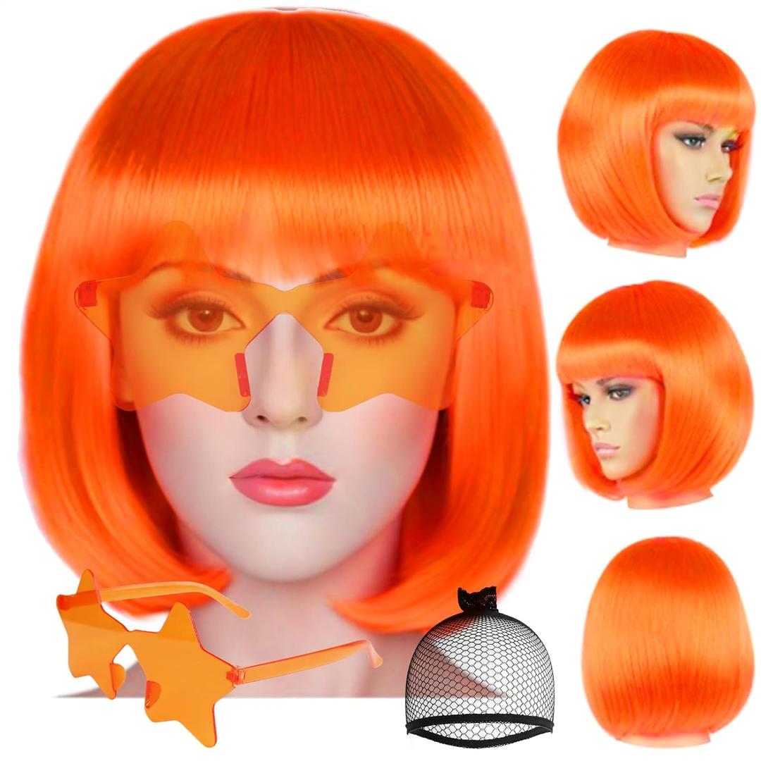 ANOGOL Hair Cap + (Sunglasses) Orange Bob Wig with Bangs Women's Orange Party Wig with Star Shape Sunglasses Short Cosplay Hair for Daily Party Outfit Fun wigs Halloween Costume Night Club