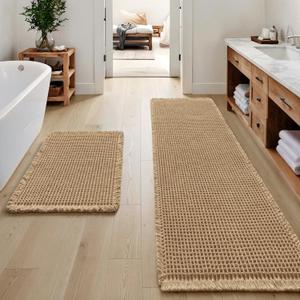 MIULEE Set of 2 Waffle Bathroom Rugs, Boho Bath Rugs Non Slip Washable, Super Absorbent Bath Mats, Ultra Soft Rubber Backed Shower Mats for Bathroom Floor, Tub, Brown, 17"x24"+20"x47"