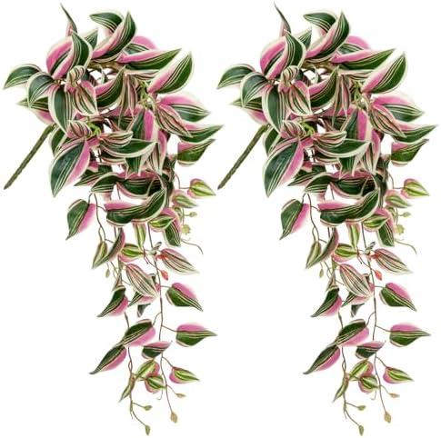 DILATATA Fake Hanging Plants Artificial Hanging Plants 26" Faux Wandering Jew Hanging Leaves Plants for Wall Shelf Home Indoor Outdoor Decor - 2 Pack
