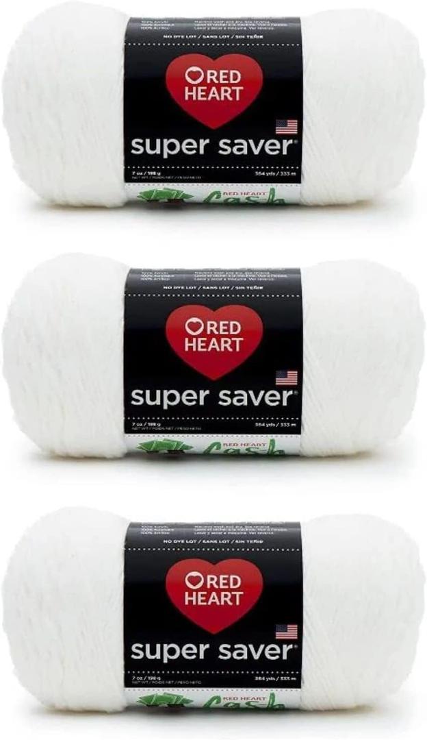 Red Heart Super Saver Soft White Yarn - 3 Pack of 198g/7oz - Acrylic - 4 Medium (Worsted) - 364 Yards - Knitting/Crochet