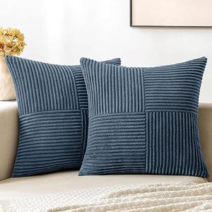 MIULEE Blue Corduroy Pillow Covers Pack of 2 Boho Decorative Spliced Throw Pillow Covers Soft Solid Couch Pillowcases Cross Patchwork Textured Cushion Covers for Living Room Bed Sofa 20x20 inch