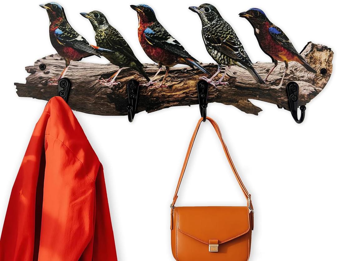Wooden Vintage Tree Branch Coat Rack with Birds Towel Holder Hats Wall Hooks Decorative Rustic Farmhouse Wall Mounted Hanging