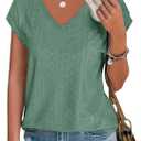 Imily Bela Womens V Neck T-Shirt Summer Cap Sleeve Dressy Casual Tops Eyelet Embroidered Fashion Tees (S)