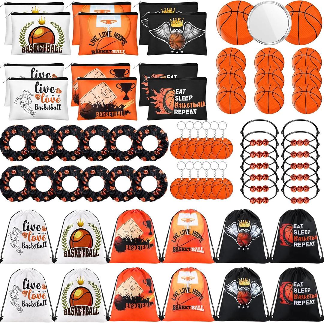 75 Pieces Basketball Team Gifts Set Includes 12 Pcs Makeup Bag 12 Ball Drawstring Bags 12 Hair Ties 12 Bracelets 12 Pcs Compact Mirror 12 Keychains (Orange Color,Basketball)