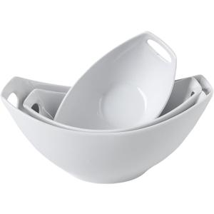 3 Piece Serving Bowls with Handle, Porcelain Serving Dishes, for Entertaining, Party, Housewarming, Christmas, Baby Shower, Microwave, and Dishwasher Safe, 15/28/47 oz, White