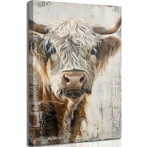 Vintage Highland Cattle Canvas Wall Art Countryside Scottish Cow Painting Picture Wall Decor Farmhouse Poster Print Artwork for Living Room Bedroom Bathroom Home Decoration (36"L x 24"W)