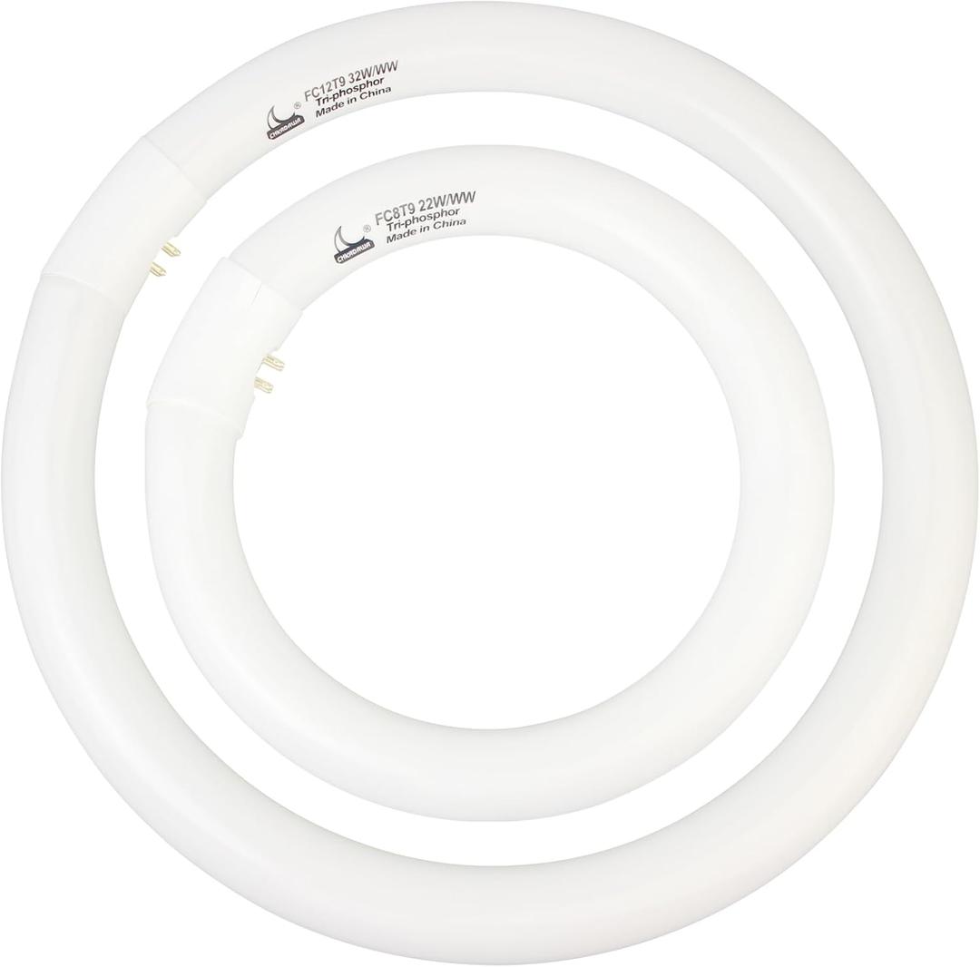 FC8T9/KB 22W and FC12T9/KB 32W Warm White Set, Round Fluorescent 8 inch T9 22 Watts & Circular Light Bulbs 12 inch 32 Watts Pack, Circline Kitchen and Bath Ceiling Fan Bulb, 3000K, G10q Prong