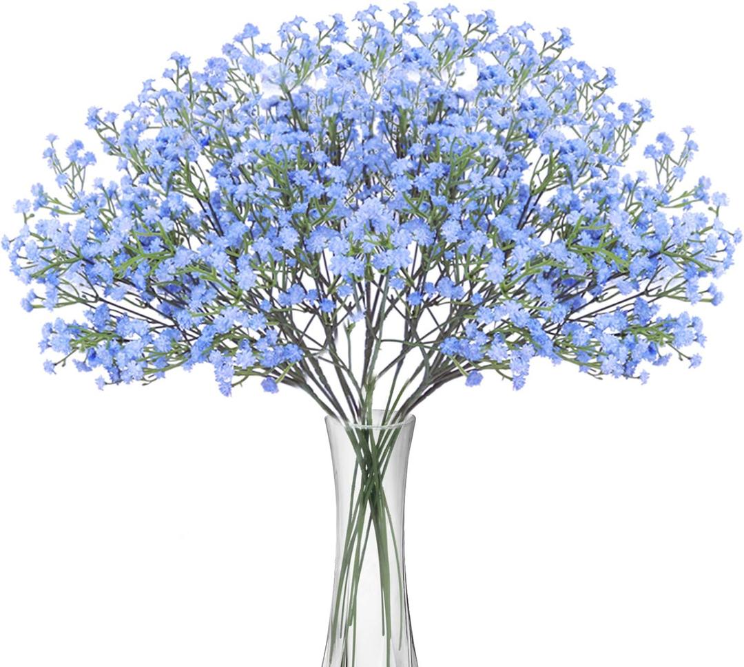 BOMAROLAN Artificial Baby Breath Flowers Fake Gypsophila Bouquets 12 Pcs Plastic Fake Real Touch Flowers for Wedding Decor DIY Home PartyBlue