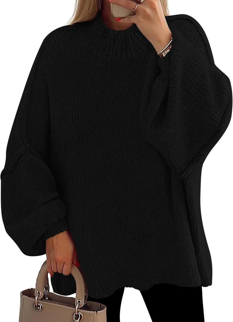 PRETTYGARDEN Women's 2026 Fall Oversized Sweaters Chunky Knit Mock Neck Long Sleeve Casual Trendy Pullover Winter Clothes (Medium, Black)
