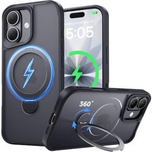 Compatible with iPhone 17 Case, with 360 Magnetic Stand [Compatible with MagSafe] [Military Drop Protection] Shockproof Translucent Matte Case for 17 6.3 Inch, Black