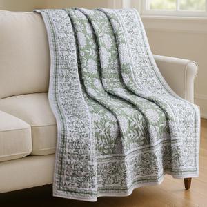 Levtex Home Adare Sage Quilted Throw - (50x60in.) - Floral - Sage White - Reversible - Cotton
