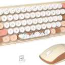 FOPETT Wireless Keyboard and Mouse Cute Mouse and Keyboard 2.4G Wireless Keyboards with Colorful 68 Keys Typewriter Retro Round Keycap for PC, Laptop,Tablet,Computer Windows - Milk Tea Colorful