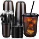 tchrules 50 Set 16oz Black Plastic Cups with Lids & Straws, Disposable Iced Coffee Cup with Lid, Round Bottom Plastic To Go Cups for Cold Drinks Slushie Smoothie Lemonade Soda Bar Party Shop Supplies