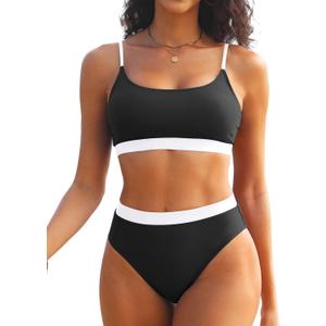 Tempt Me Women High Waisted Bikini Set Athletic Two Piece Swimsuits Sporty High Cut Bathing Suit with Scoop Neck (Large, White Black)
