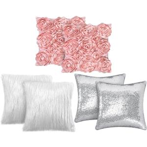 Oudain 6 Pcs Decorative 3D Rose Flower Pillow Cover, 16 x 16 Inch Faux Fur Throw Pillow Covers for Bed Square Sofa Bedroom Car(Pink, White, Silver)