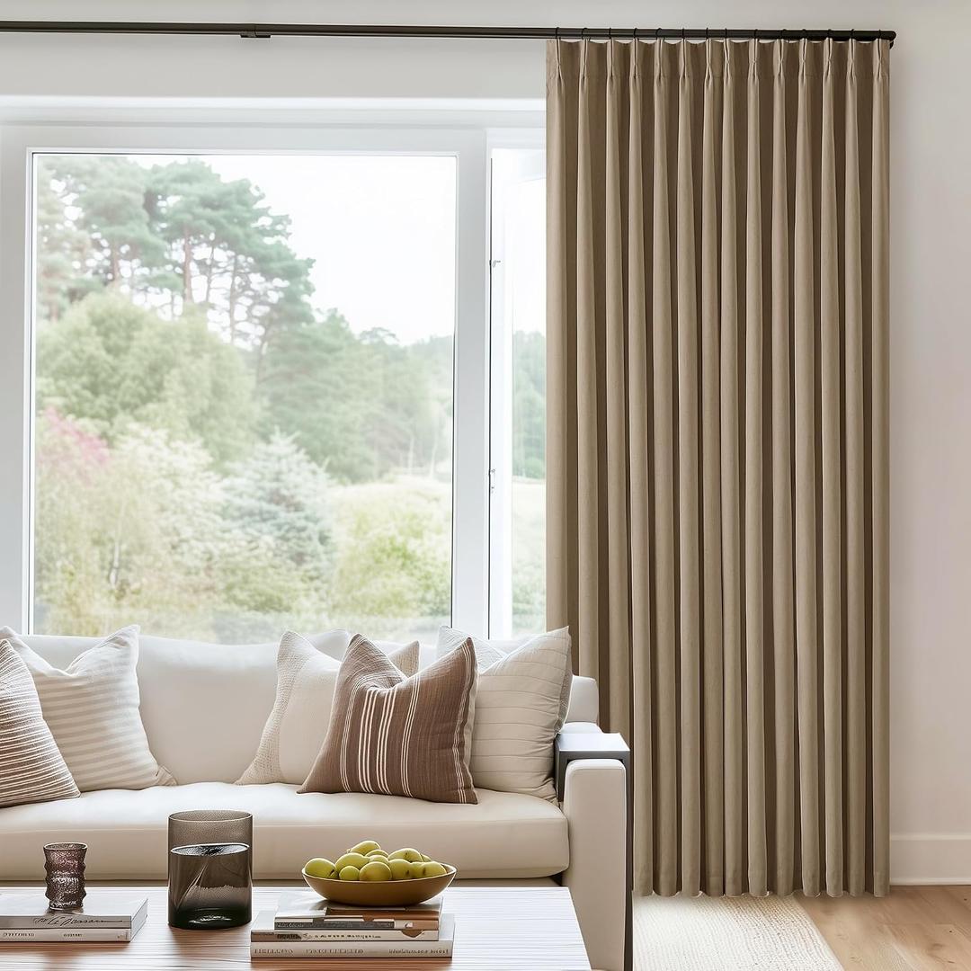 Light Brown Blackout Linen Curtains 108 Inches Long for Bedroom Pinch Pleated Black Out Curtains Lined 2 Layers Memory Shape Noise Reducing Rustic Farmhouse Living Room Darkening Window Drapes, 40"W x 108"L