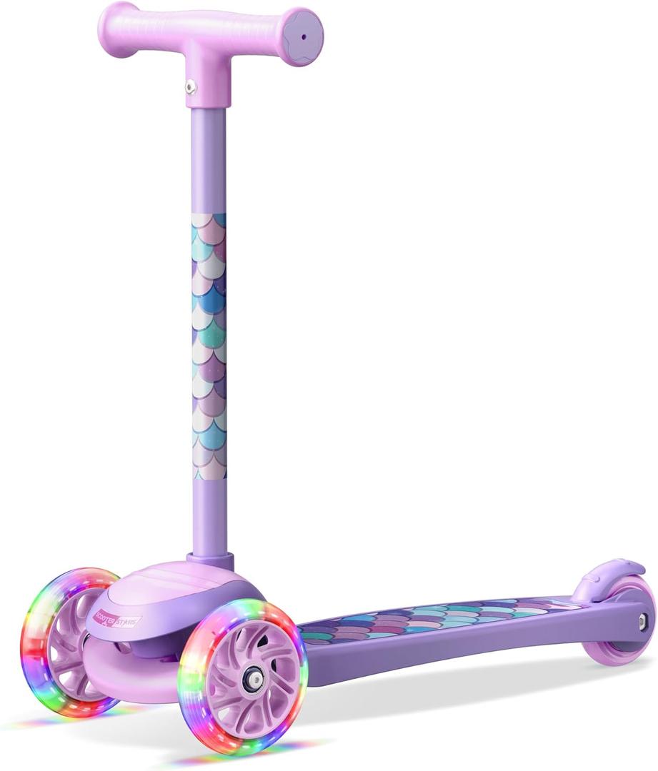 3 Wheel Scooter for Kids, Smooth Light Up LED Front Wheels, Wide Anti Slip Deck, Rear Foot Brake, Easy Lean to Steer Maneuvering, Indoor & Outdoor Ride On Toys for Ages 2 Up, (Mermaid Theme)