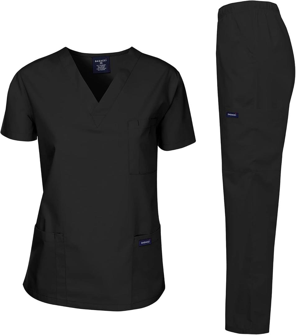 Dagacci Scrubs Medical Uniform Women and Man Scrubs Set Medical Scrubs Top and Pants (Medium, Black)