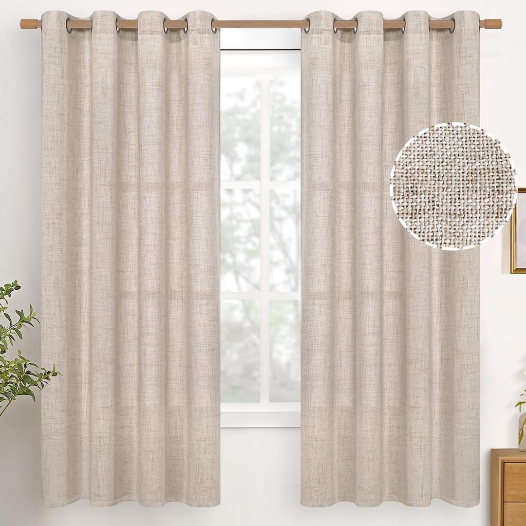 YoungsTex 68 Inch Length Linen Semi Sheer Curtains 2 Panels for Living Room, Light Filtering Textured Drapes with Bronze Grommet Beige Boho Window Treatments for Bedroom Dining, 52 x 68 Inch (Natural)