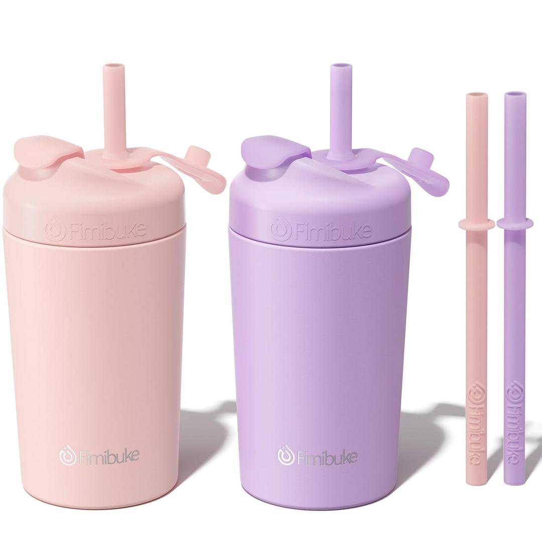 Fimibuke Kids & Toddler Cups, 10 OZ Spill Proof Straw Cups for Toddlers, 2 Pack Leak-Proof Kid Insulated Tumbler with Screw-On Lid & Silicone Straw with Stopper, Stainless Steel Sippy Cup for Girl Boy