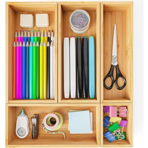 Bamboo Drawer Organizer Boxes, 5 PCS Junk Drawer Organizer, Wooden Storage Trays for Kitchen, Bathroom, Office, Makeup