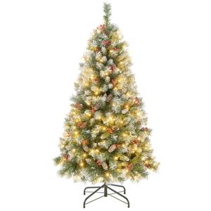  5 FT Artificial Christmas Tree Hinged w/ 200 Warm LED Lights & 126 Red Berries