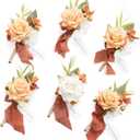 Ling's Moment Boutonniere for Men, 6pcs Groom Groomsmen Boutonniere, Artificial Flowers for Wedding Decor/Prom/Homecoming, etc.Terracotta White