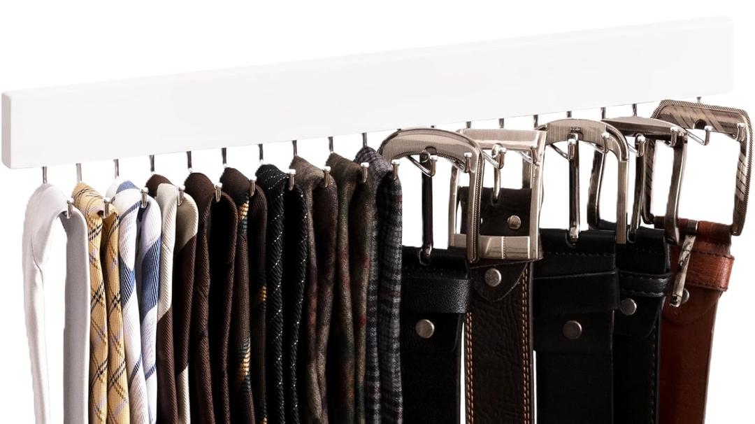 StorageWorks Tie Rack with 20 Hooks, Wall-Mounted Wooden Hangers for Neckties, Belts, Hats, White