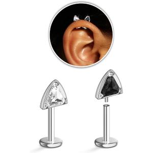 2 Pairs Stackable Cat Stud Earrings for Women, Hypoallergenic G23 Titanium 16G Stainless Steel Helix Cartilage Earrings - Flat Back CZ Jewelry Gift for Sensitive Ears - 2 Colors (sliver)