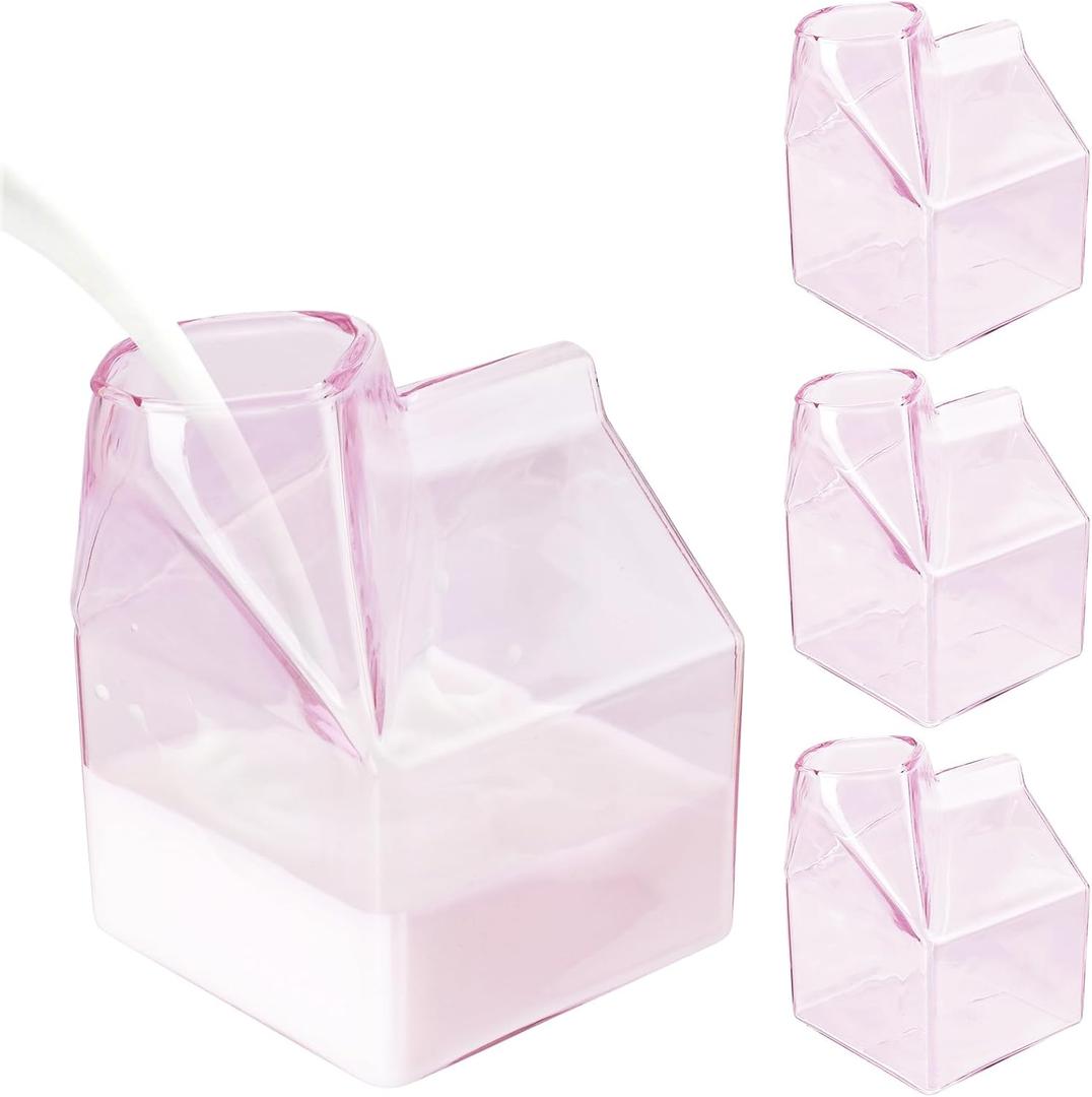 Cute Glass Milk Carton, 4 Pcs, 12oz Pink Kawaii Clear Cup, Milk Creamy Froth Container, Gift Choice for Memorial Day, Girls, Daughter, Carton Cup for Coffee, Juice, Latte, Cappuccino, Matcha