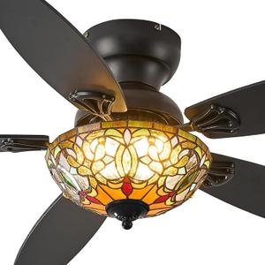 Tiffany Ceiling Fans with Lights - 48" Ceiling Fan Chandelier with 5 Dual-Blades and Glass Shade, 6 Speeds and Reversible, Indoor and Outdoor, Retro Style
