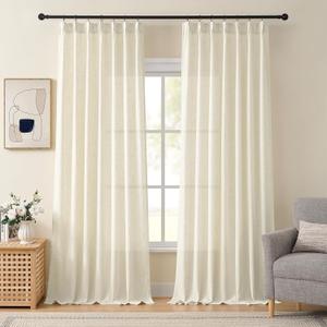 Natural Linen Pinch Pleated Curtains 102 Inches Long for Living Room Thick Drapes Hooks Back Tab Linen Textured Boho Farmhouse Cream Ivory Birch Extra Long 102 Inch Curtain for Dining Bedroom