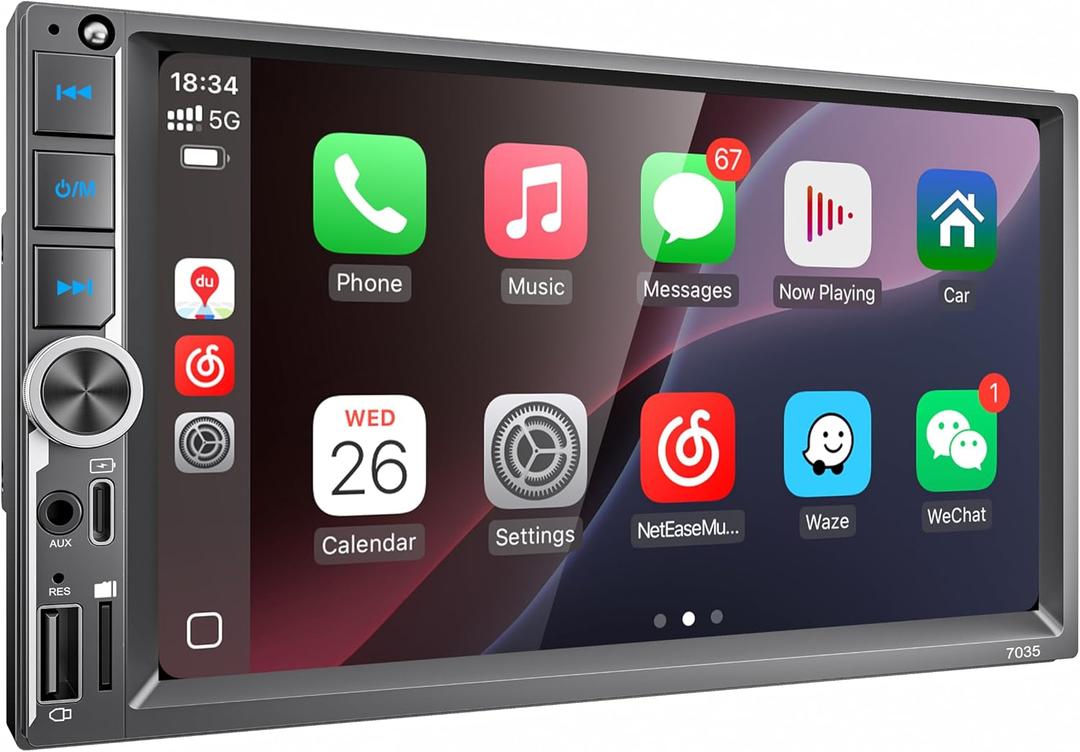 [Improved] 7'' Double Din Car Stereo with Upgraded Wireless Apple Carplay for IOS26 / Android Auto, 240W High Power with EQ, Bluetooth, RDS/FM/AM Touchscreen Radio, USB Type-C/AUX/TF, Backup Camera