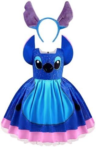 Esvaiy Girls Hawaiian Dress Costume Halloween Blue Princess Mouse Dress with Headband Kids Birthday Party Cosplay Outfit, Size 130